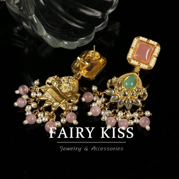 Vintage Gold Tone Pink Bead Drop Earrings - Picture 3 of 4